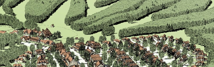 Design rendering of a village and surrounding forested areas.