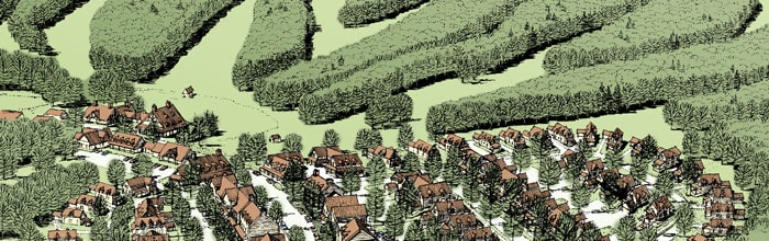 Design rendering of a village and surrounding forested areas. 