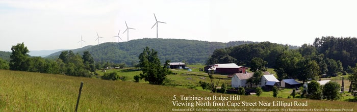 5 wind turbines on Ridge Hill are seen on a nearby hilltop. A farmhouse and outbuildings in the foreground. 